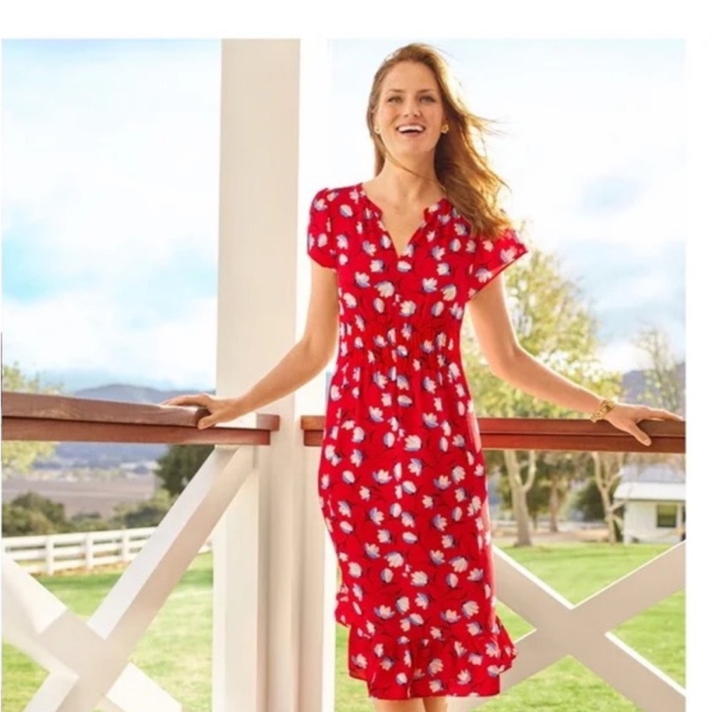 Talbots Misses 12 dress with elastic waist and bottom ruffle. Partially lined.